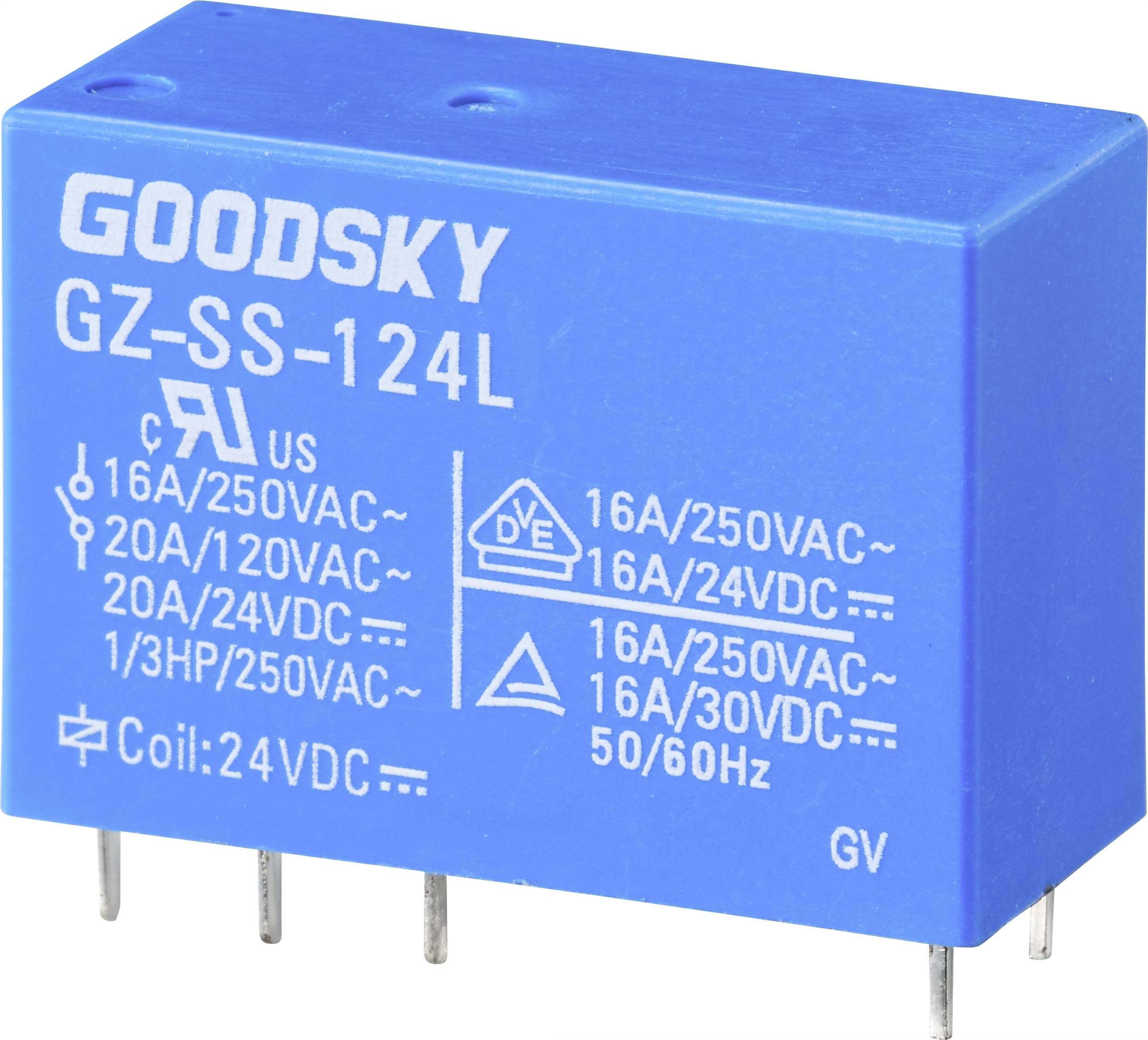 Blåt relæ fra Goodsky-mærket, type GZ-SS-124L, viser elektriske specifikationer: 16A/250VAC, 20A/120VAC, 24VDC spole.
