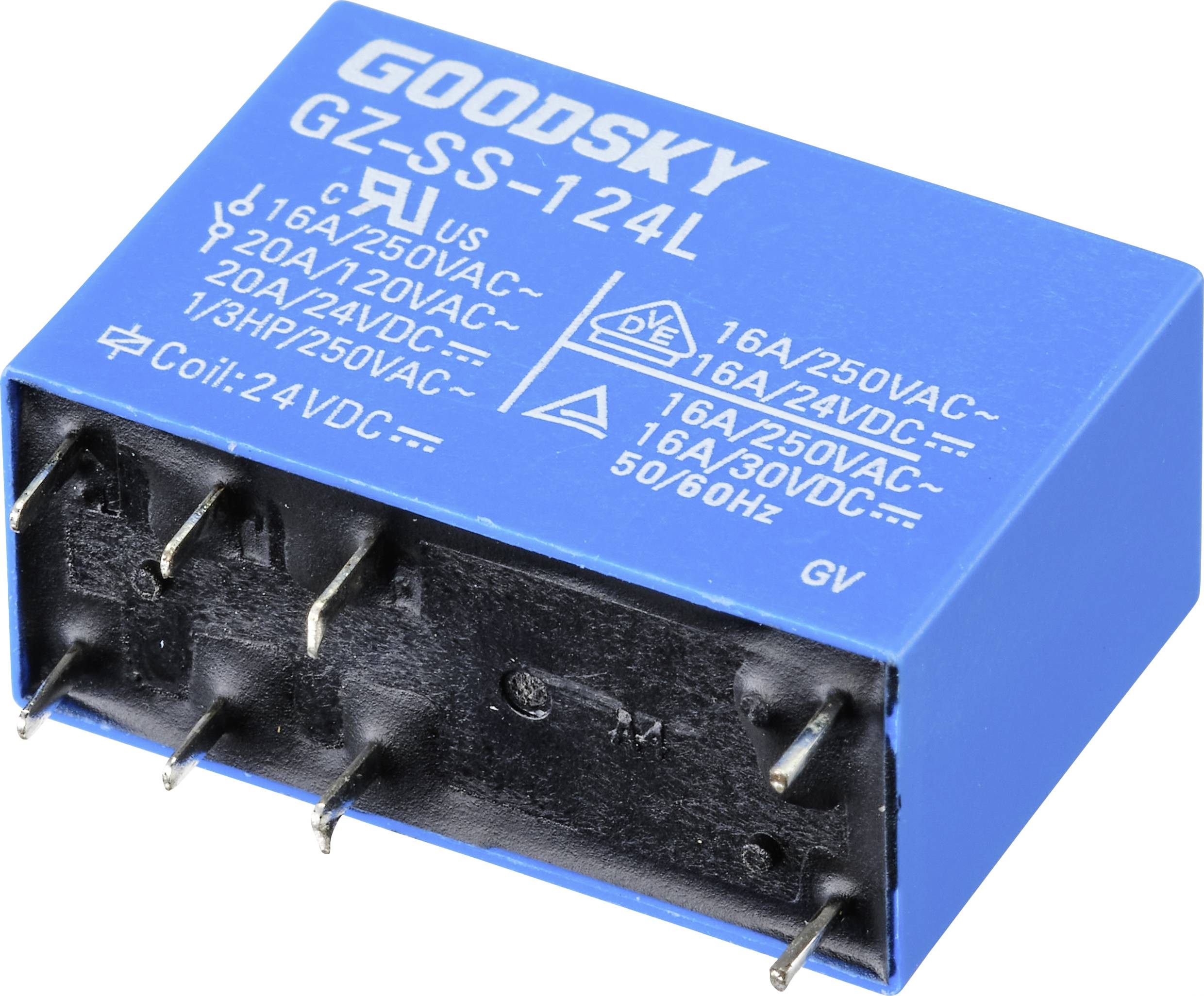 Blauer Goodsky-GZ-SS-124L-relæ med tekniske specifikationer: 16A/250VAC, 20A/120VAC, Spole: 24VDC.