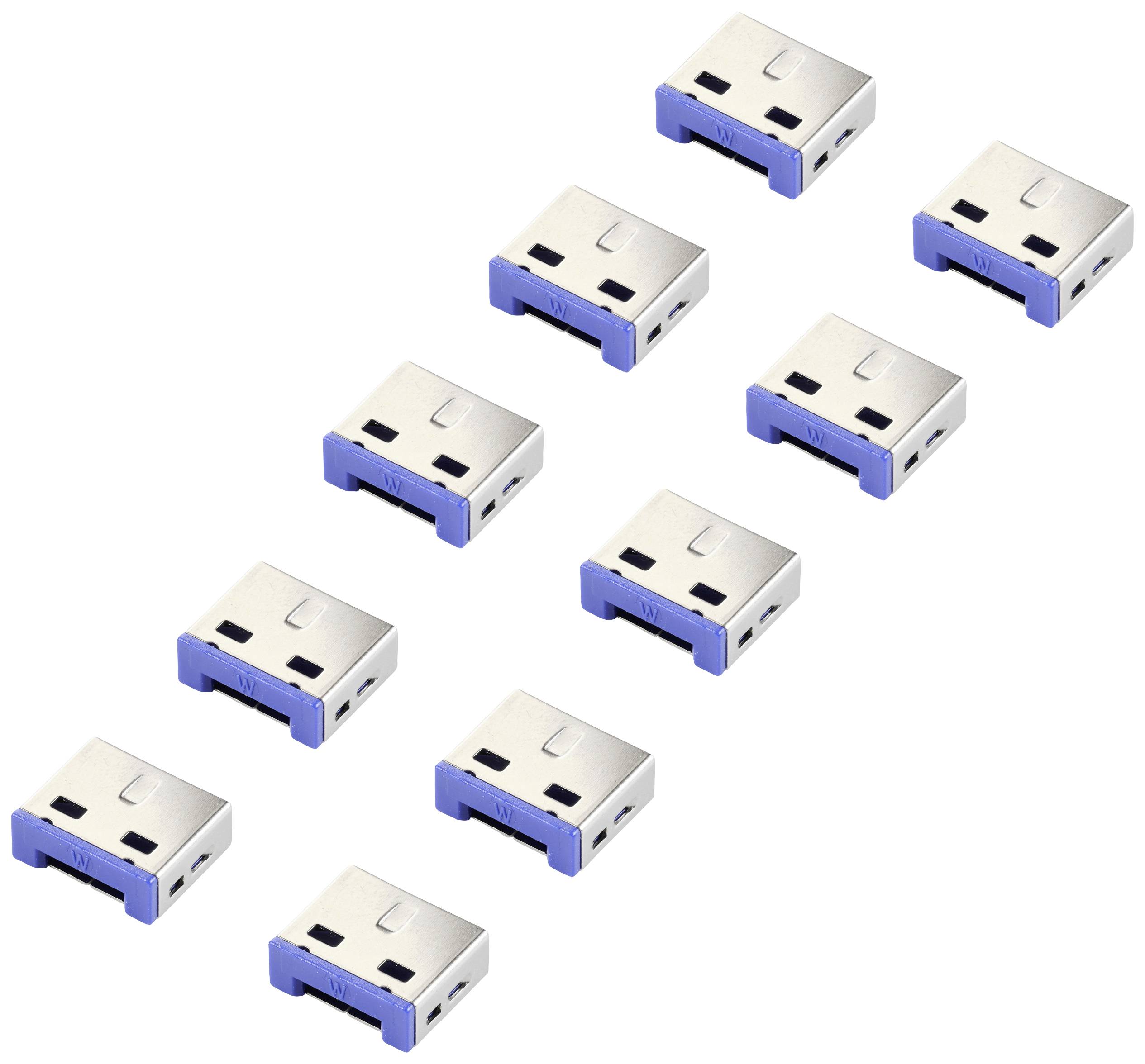 Ni USB-stik med blå ender er arrangeret i tre rækker, der løber diagonalt fra øverst venstre til nederst højre.