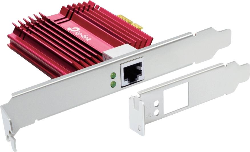Rød netværkskortadapter med køleprofil og Ethernet-port, afbildet med to sølvfarvede slotafdækninger i baggrunden.