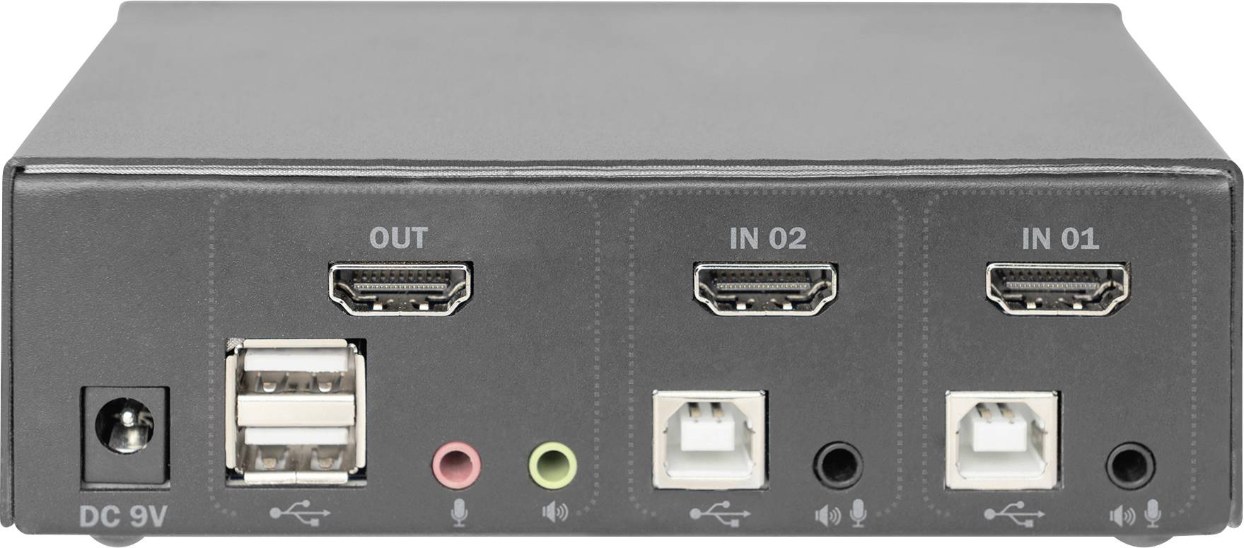 Sort elektronisk enhed med tre HDMI-porte, to USB-porte og lydstik fortil, mærket som 'OUT', 'IN 02', 'IN 01'.