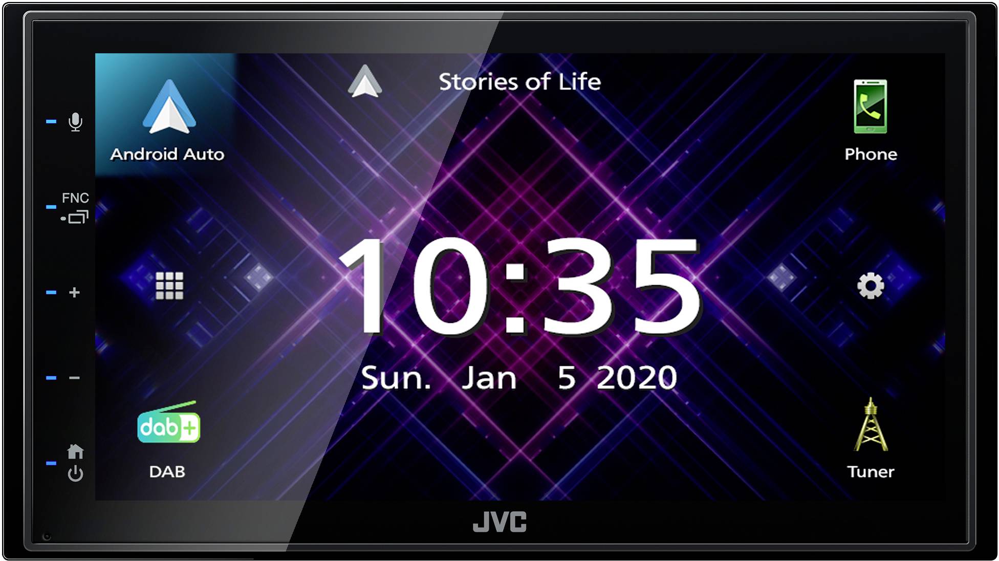 Bilradiodisplay viser dato 'Søn., 5. jan. 2020', klokkeslæt '10:35'. Ikoner for 'Android Auto', 'Telefon', 'DAB', 'Tuner' synlige.