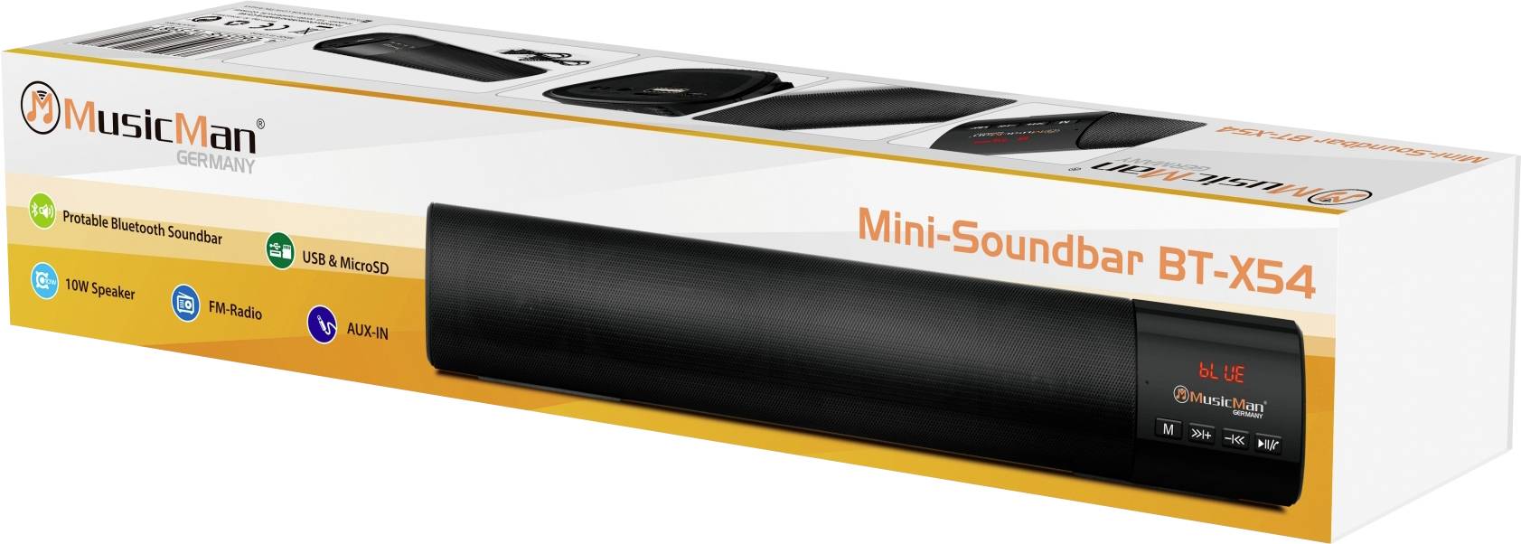 Emballage til bærbar mini-soundbar 'MusicMan BT-X54' med Bluetooth, USB/SD-indgang og FM-radio. Produktillustration på æsken.