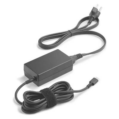 Et sort laptop-oplader med et langt kabel og et stik, rullet op og sikret med velcrobånd.