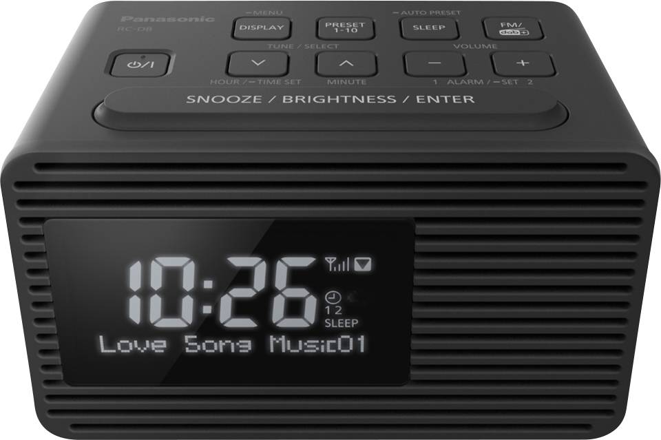 Sort radiov�kker med digitalvisning. Viser tiden 10:26 og spiller 'Love Song Music01'. Funktionstaster øverst.