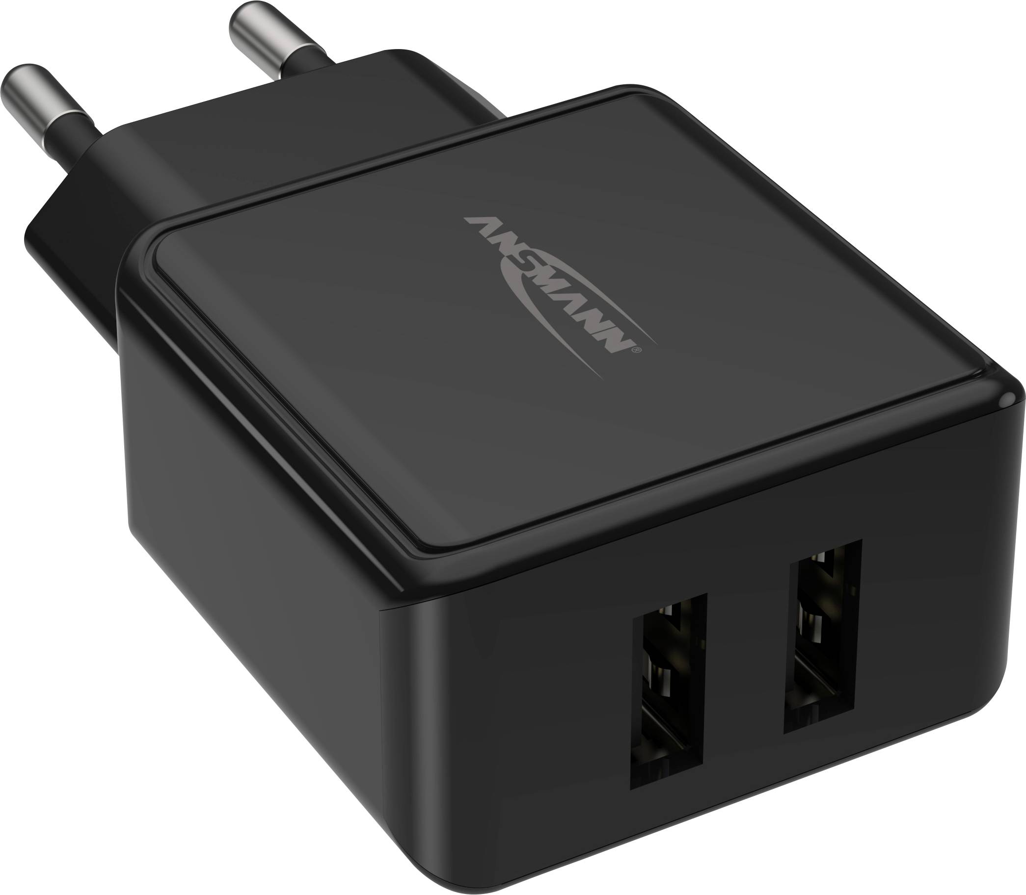 Sort USB-oplader med to USB-porte og EU-stik.