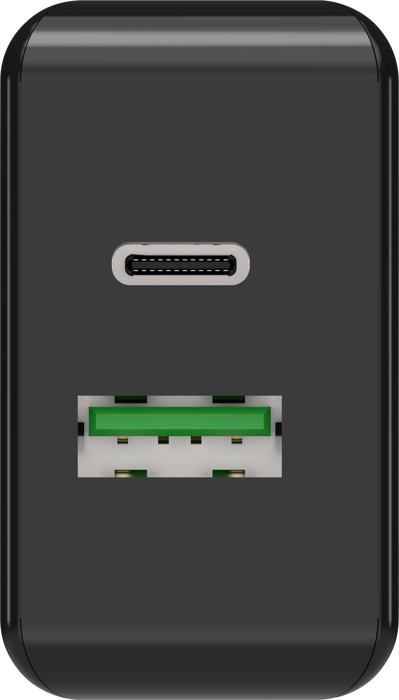En sort oplader med en USB-C- og en USB-A-port.