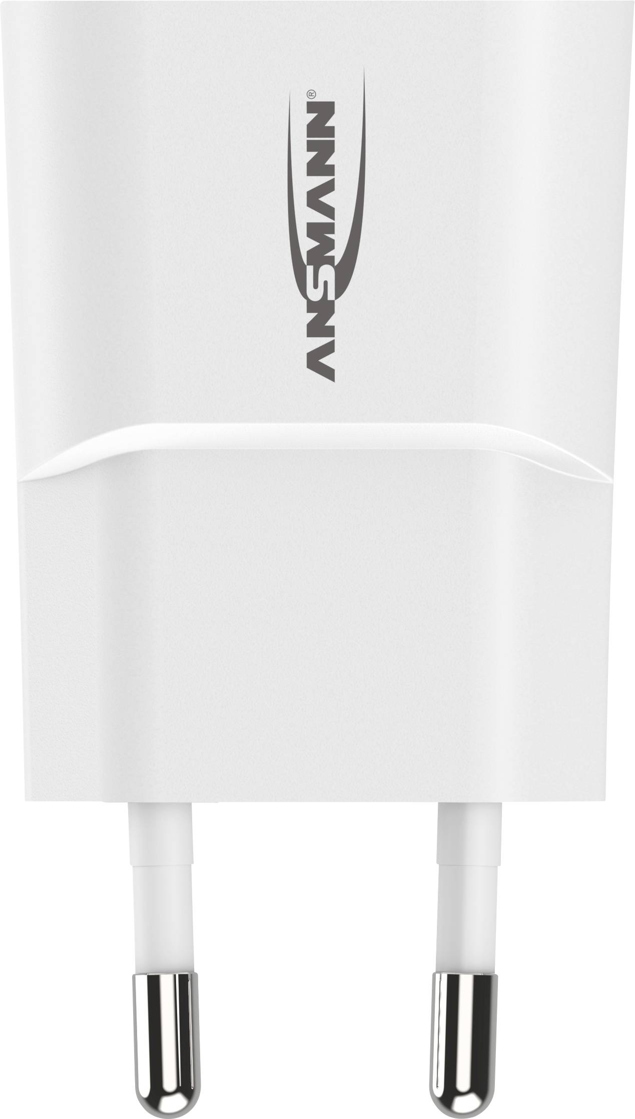 Hvidt USB-oplader med to stikkontakter og påskriften 'ANSMANN' på forsiden.
