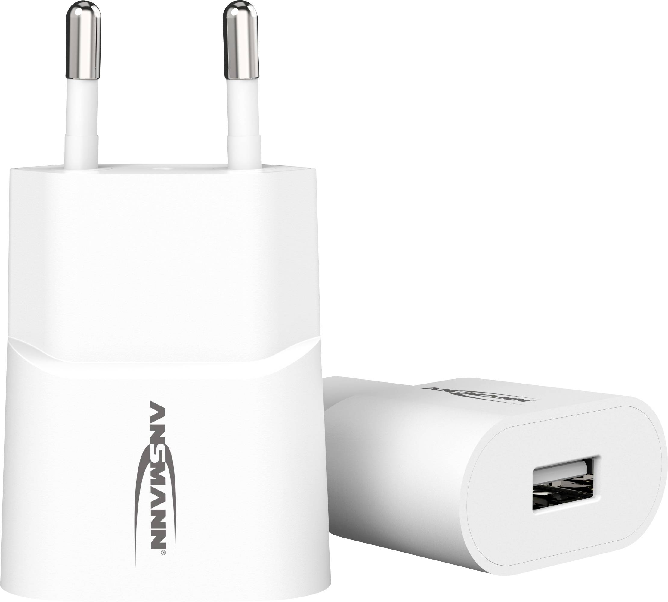Hvidt USB-vægoplader med afrundet design og EU-stik, vist liggende fra siden.