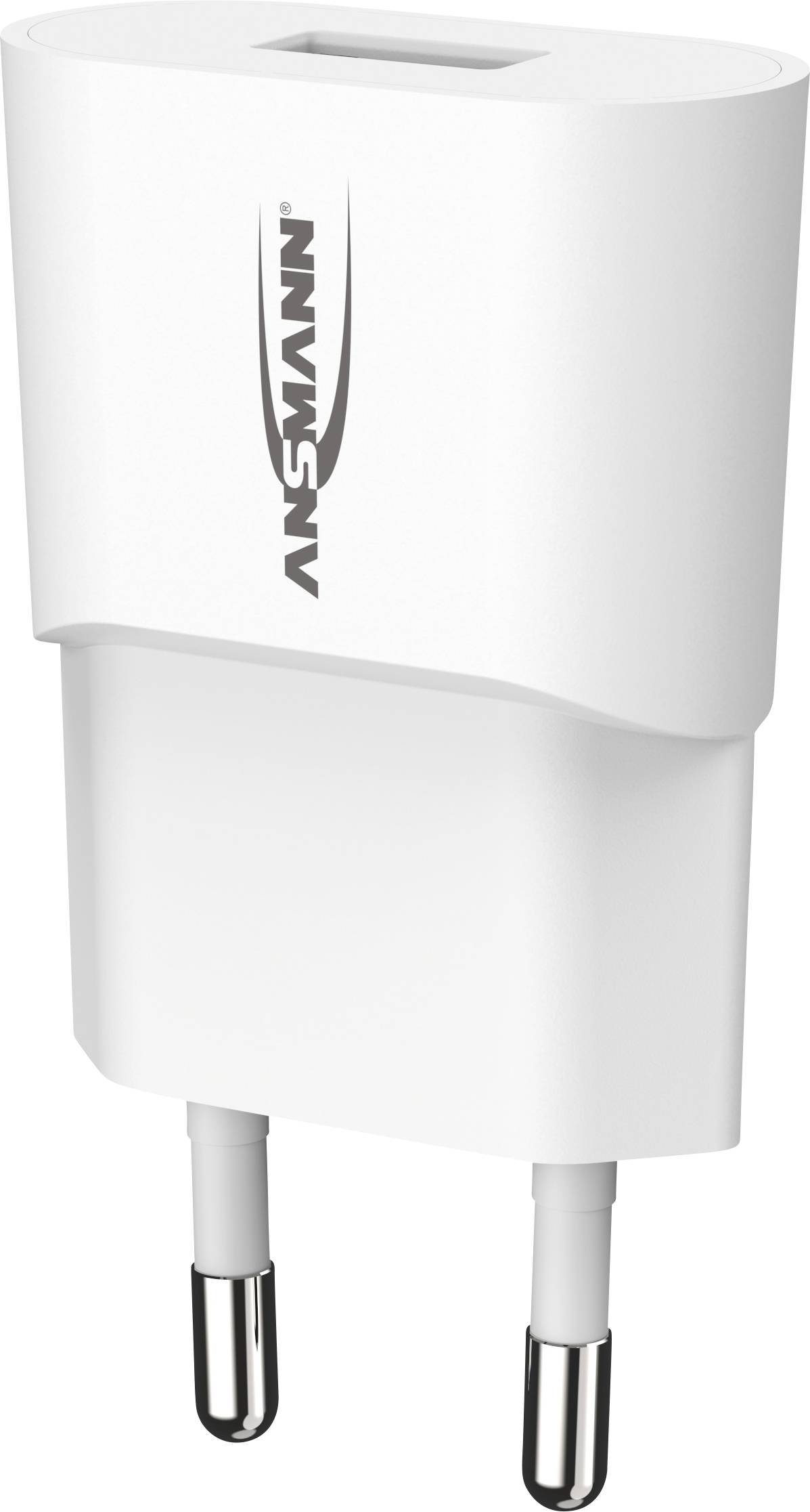 Hvidt USB-oplader med to stik fra mærket Ansmann. Egnet til europæiske stikkontakter, kompakt og transportabel.