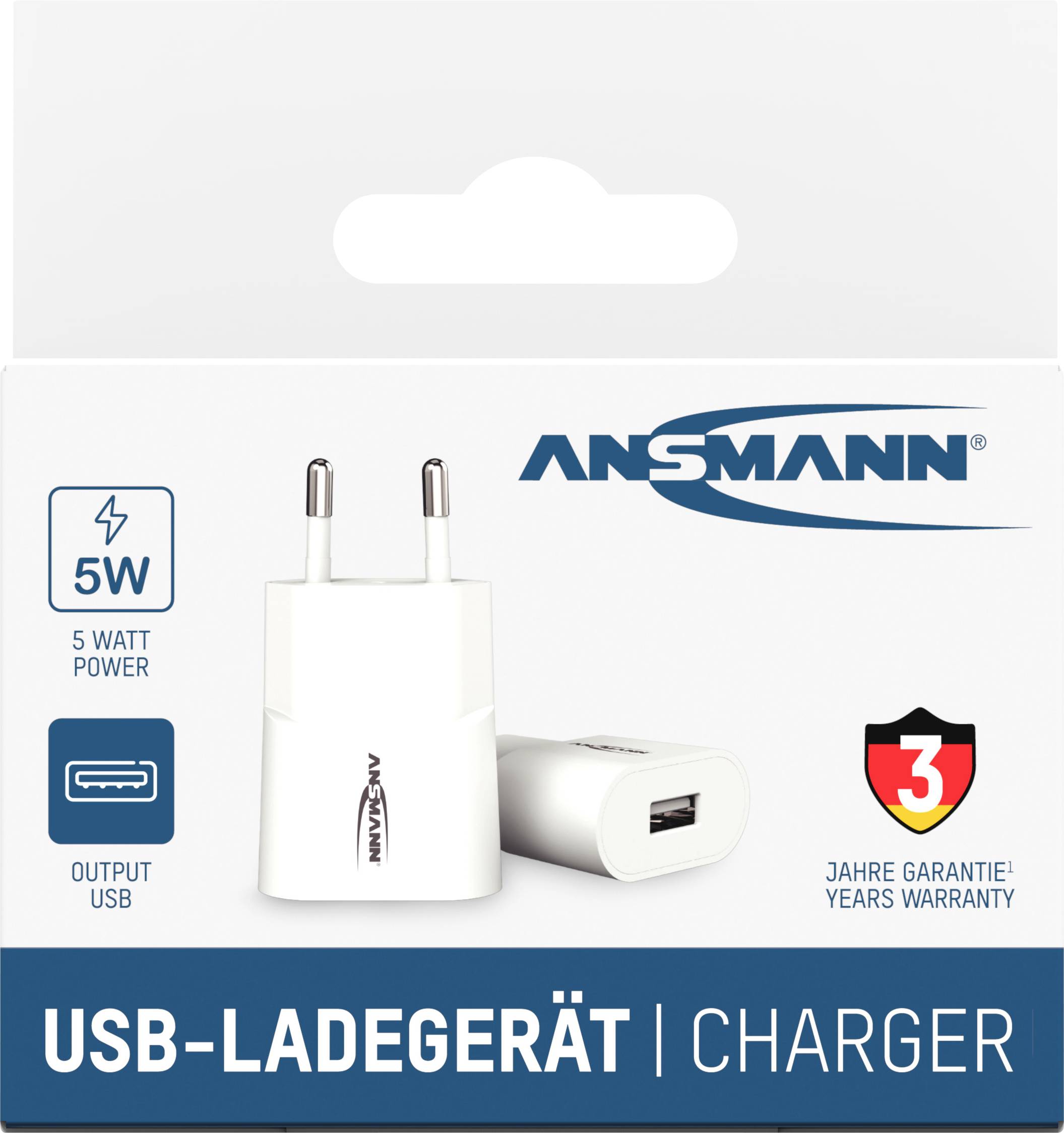 USB-oplader med 5 watts effekt og USB-stik. Indeholder 3 års garanti.
