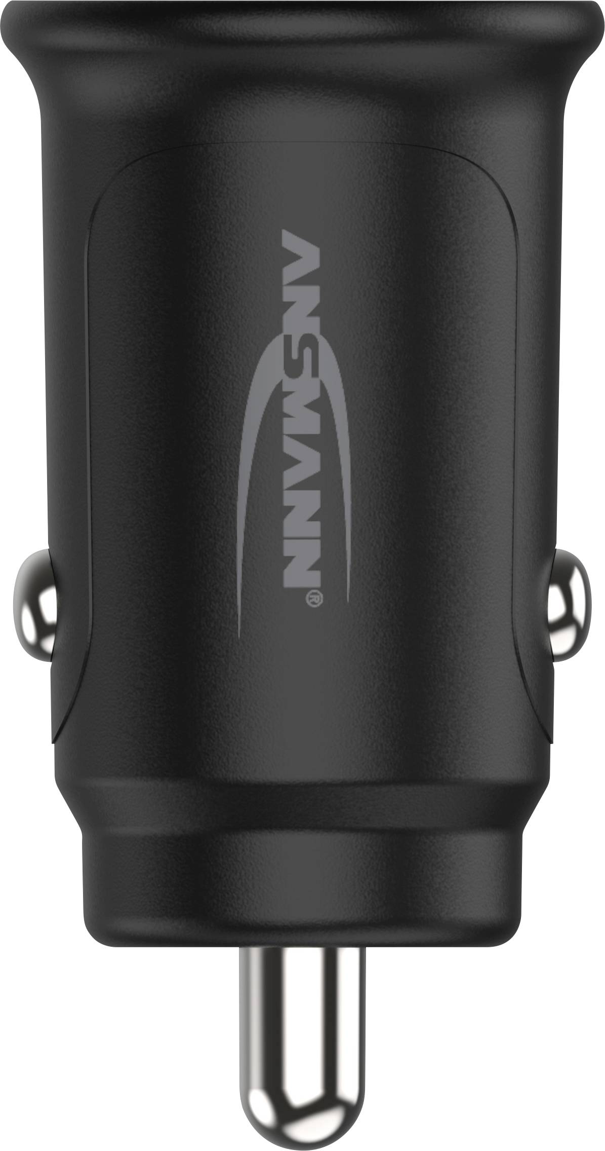 Sort biladapter med sølvfarvet stik og 'Ansmann'-logo i midten, designet til USB-enheder, kompakt design.