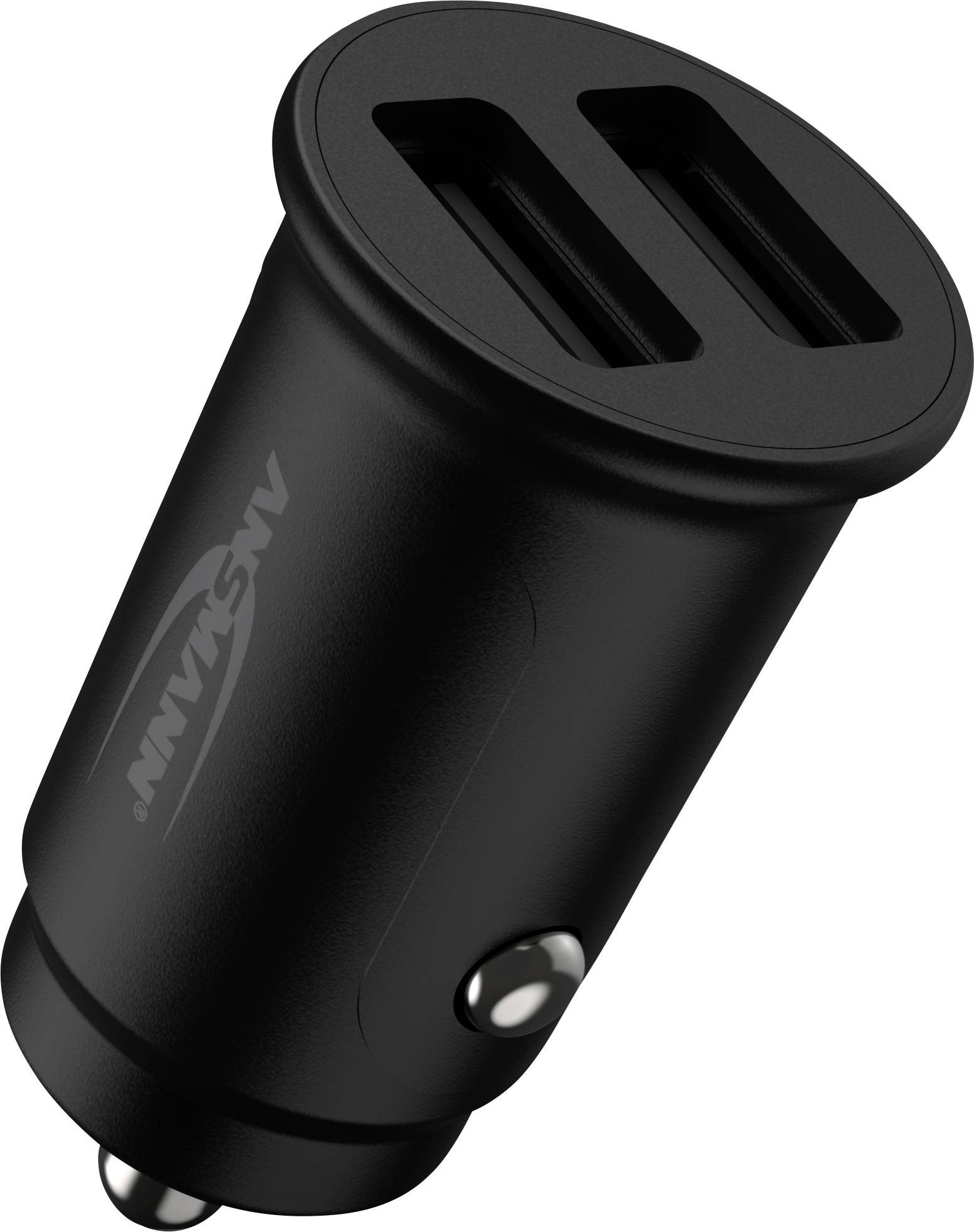 Sort USB-biloplader med to porte, egnet til samtidig opladning af flere enheder under kørsel.