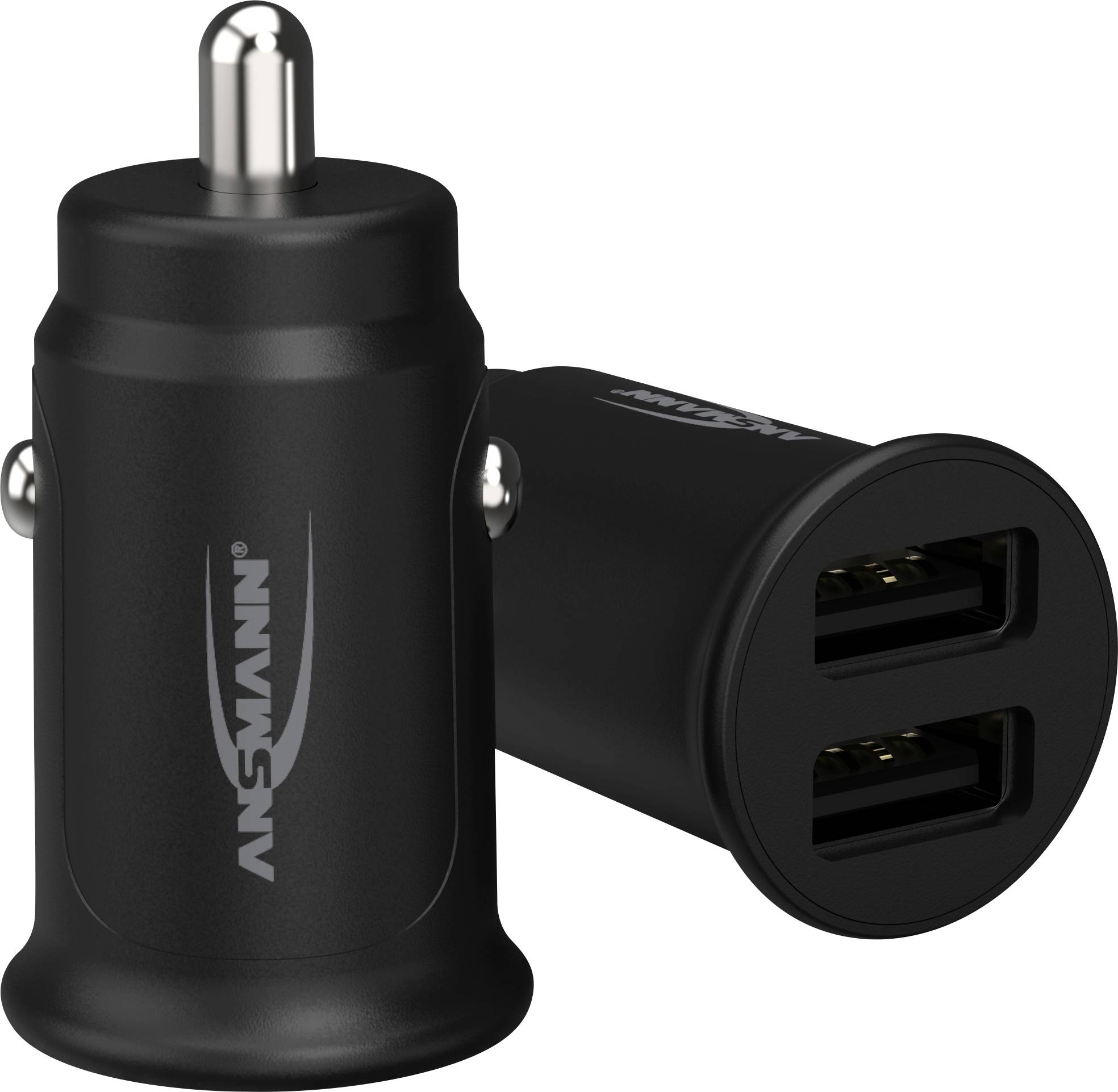 Sort dobbelt-USB-biloplader fra Ansmann med to USB-porte, til opladning af enheder i bilen.