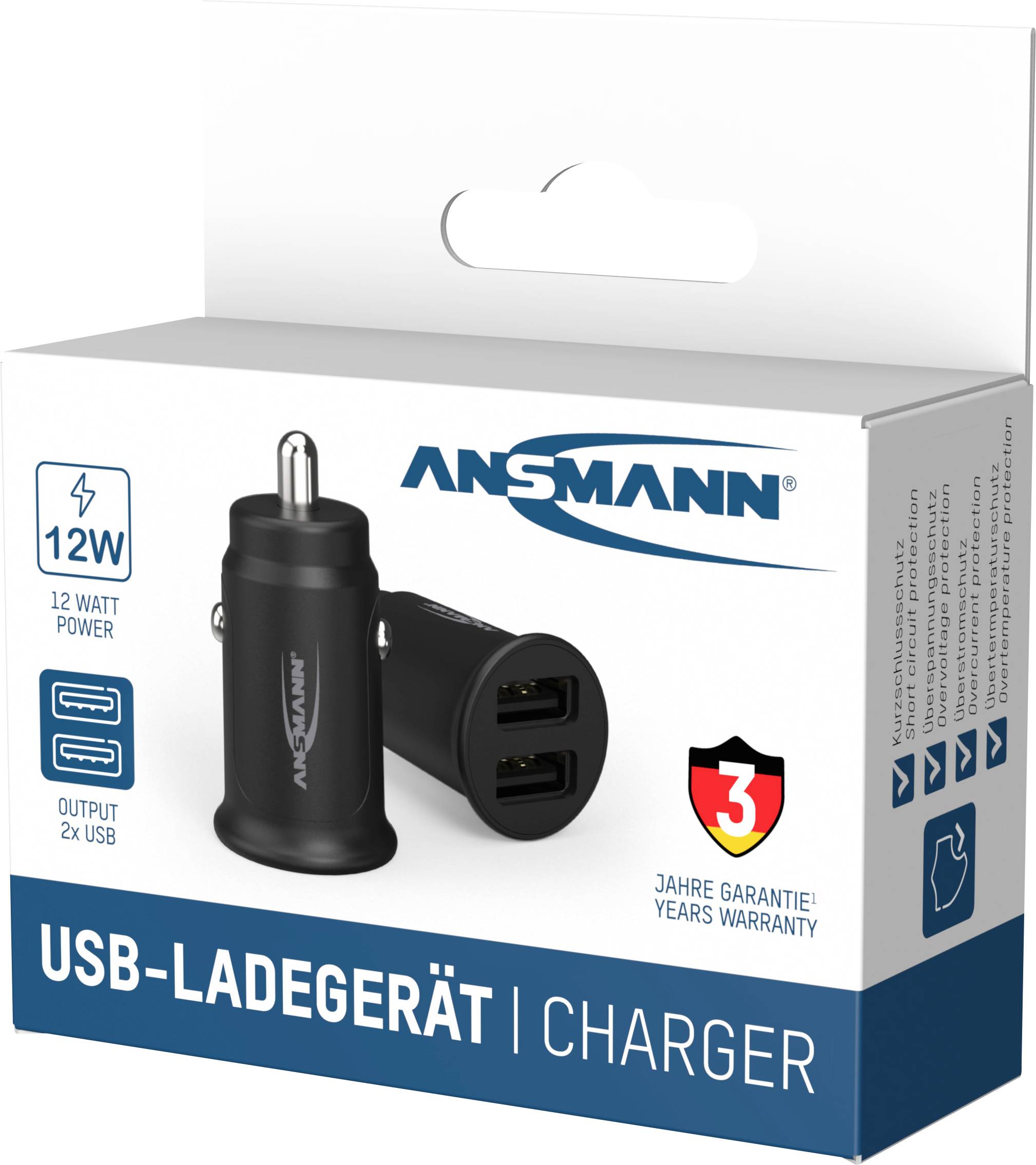 Æske med 12W USB-biloplader fra Ansmann, viser oplader med to USB-porte, 3 års garanti angivet.