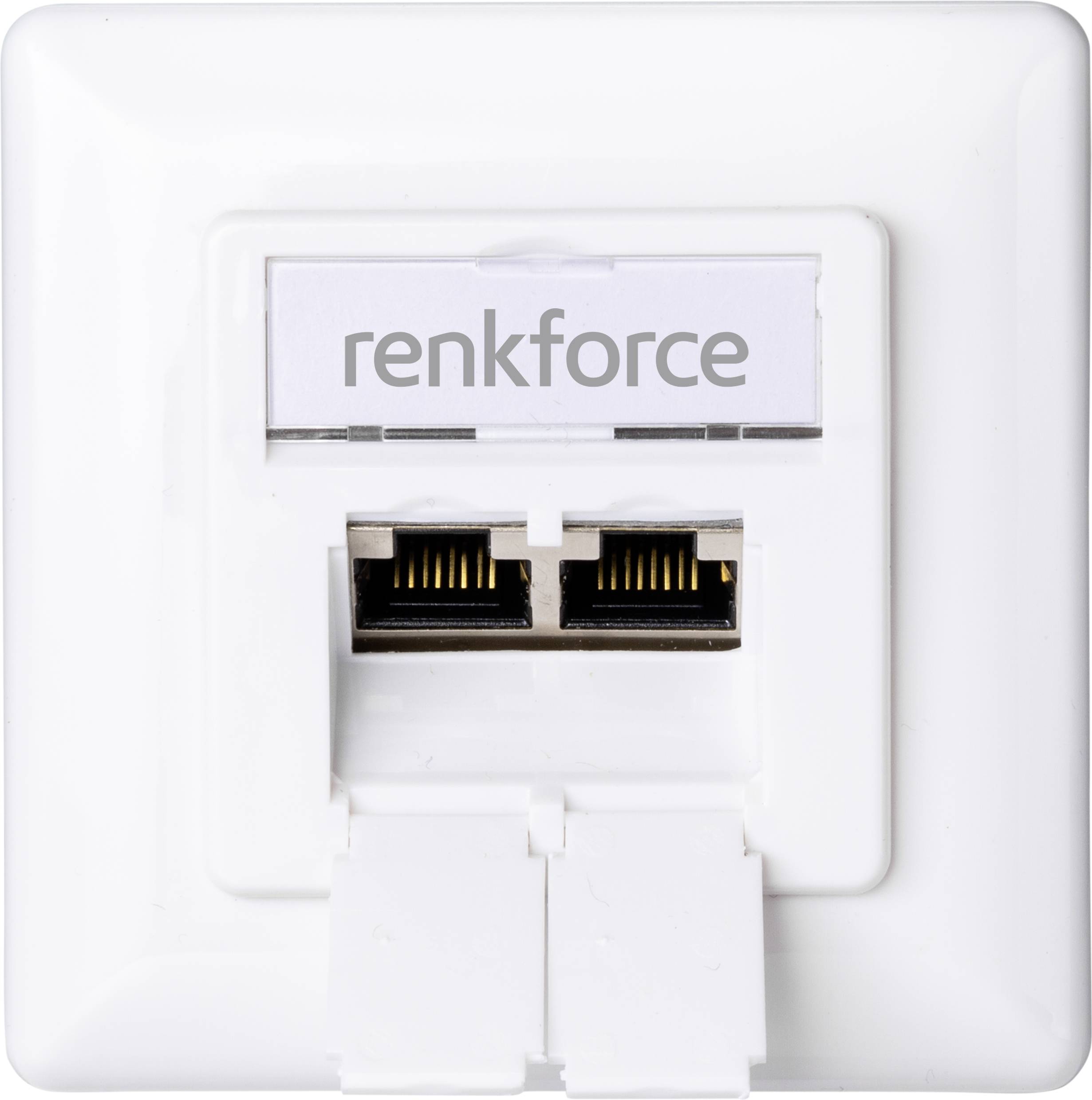 Hvid netværksstikdåse med to Ethernet-tilslutninger, mærket med 'renkforce'.