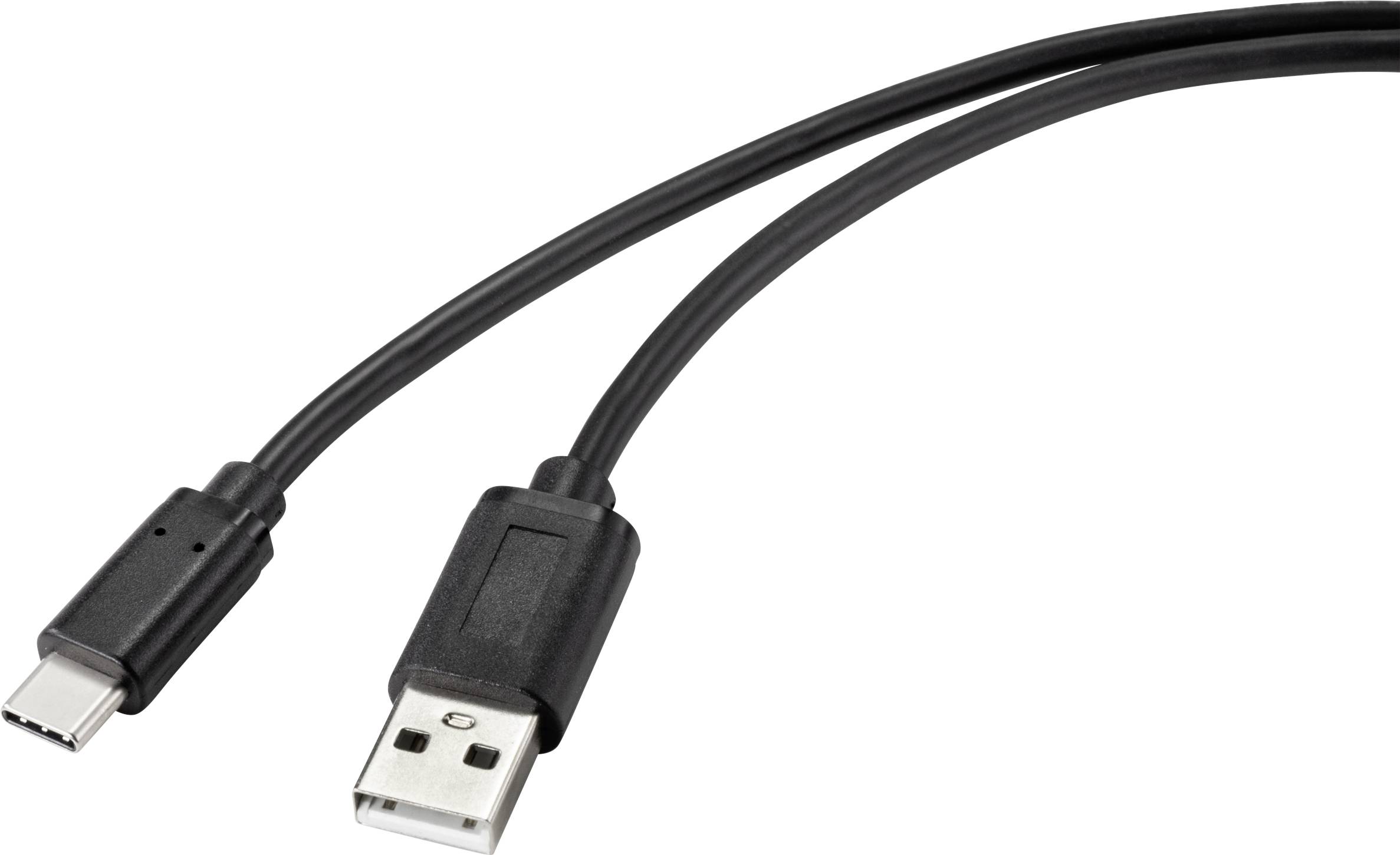 Et sort USB-kabel med en USB-A-stik på den ene side og en USB-C-stik på den anden side.