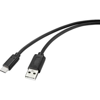 Et sort USB-kabel med en USB-A-stik på den ene side og en USB-C-stik på den anden side.