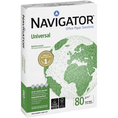 Papirkarton 'Navigator Universal 80 g/m²' med verdensbestseller-udmærkelse. Egnet til alle enheder, 500 ark pr. pakke.