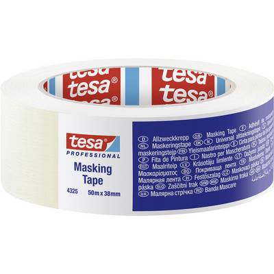 Rullet af tape med hvidt papir, blå etiket. Mærke 'tesa', længde 50 m, bredde 38 mm. Flersproget etiket 'Masking Tape'.