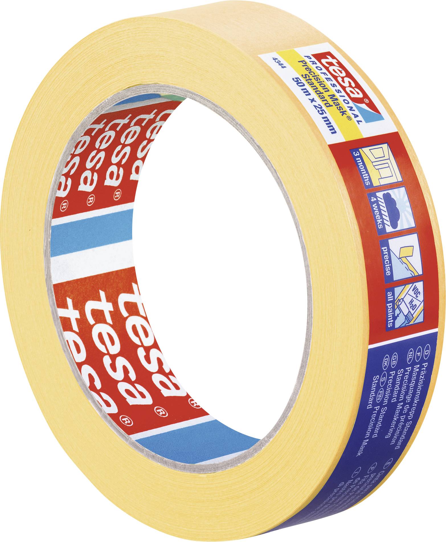 Malertape med gult bånd og 'tesa'-logo. Emballagen viser piktogrammer, der illustrerer brugen: malerarbejde, beskyttelse under maling.