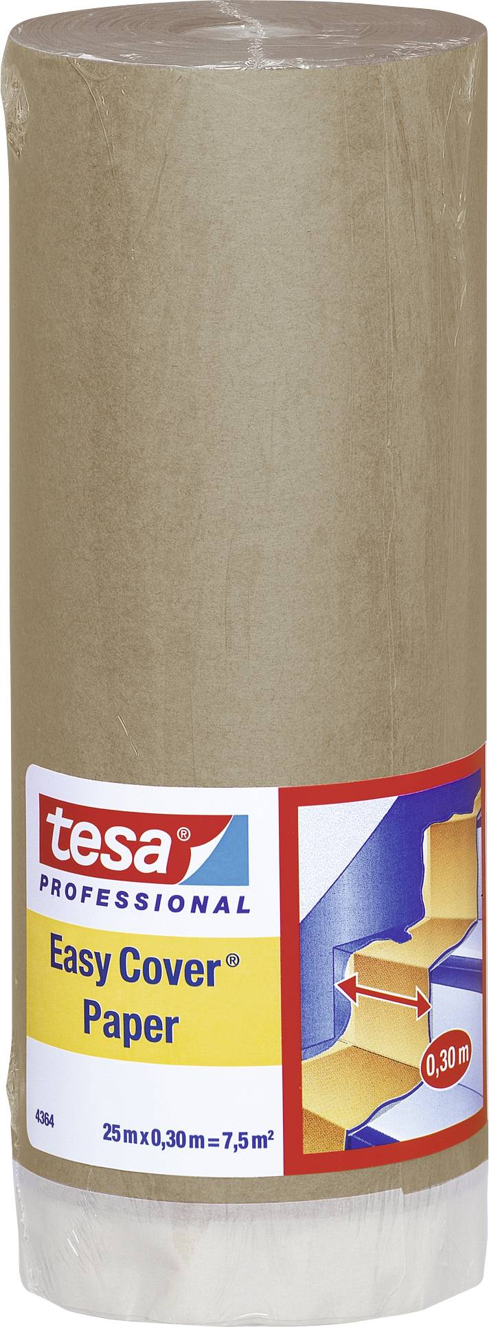 Rolle Tesa Easy Cover Paper, 25 m x 0,30 m = 7,5 m², til afdækning ved malerarbejde. Emballagen viser produktnavn og anvendelsesbillede.