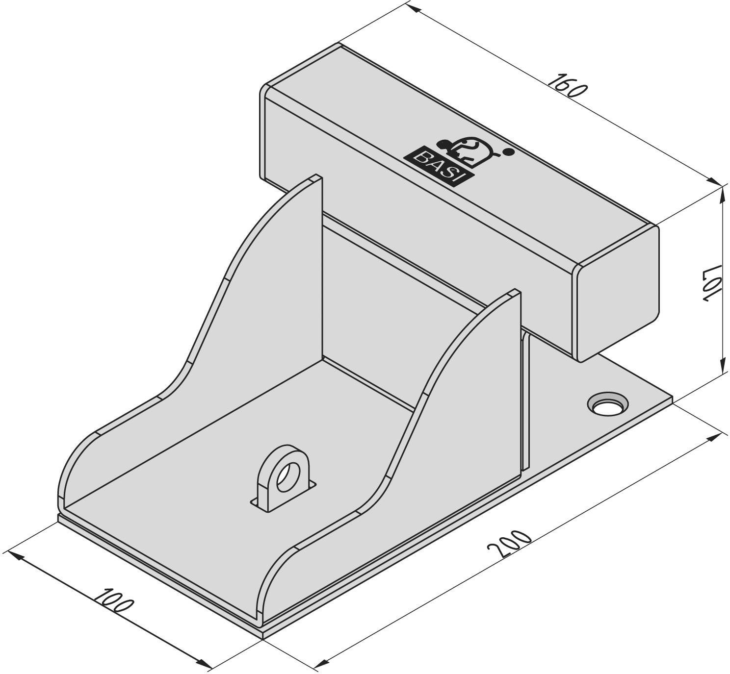 Teknisk CAD-tegning af en metalkomponent med dimensionerne 160 x 100 x 200 mm. Viser et rektangulært grundlag med lodrette beslag.
