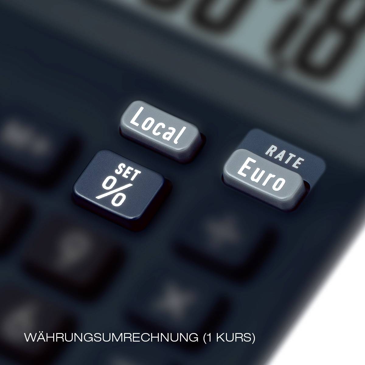 En lommeregner med taster til 'Lokal', 'Euro' og 'SET %'. Tekst nedenunder: 'Valutaomregning (1 kurs)'.