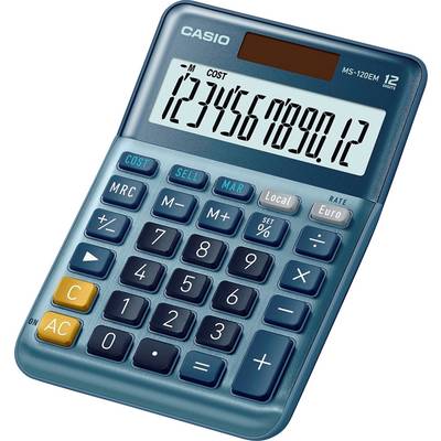 En blå lommeregner viser tallene '1234567890.12' på displayet. Flere funktionstavler er synlige.