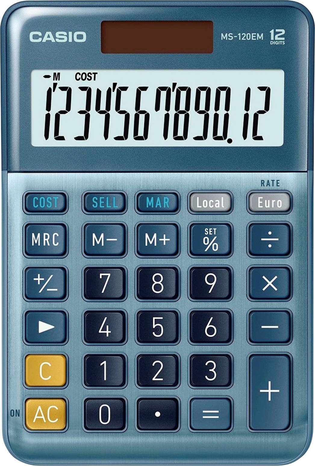 En blå Casio-lommeregner med et 12-cifret display. På displayet vises tal fra 1 til 0 og 0,12.