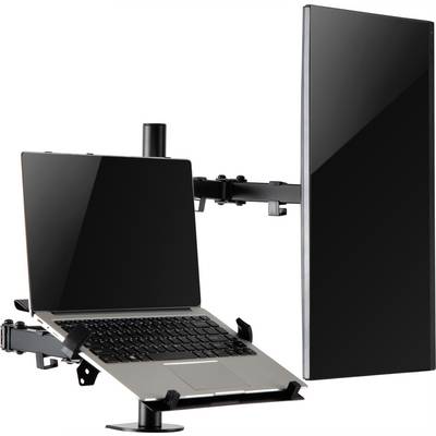 En bærbar computer og en fladskærm er fastgjort ved siden af hinanden på en justerbar arm.