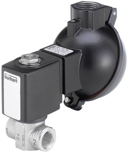 Elektrisk ventil fra Bürkert, sort og metalagtig, med to tilslutninger og mærkning; til styring af væskestrøm.