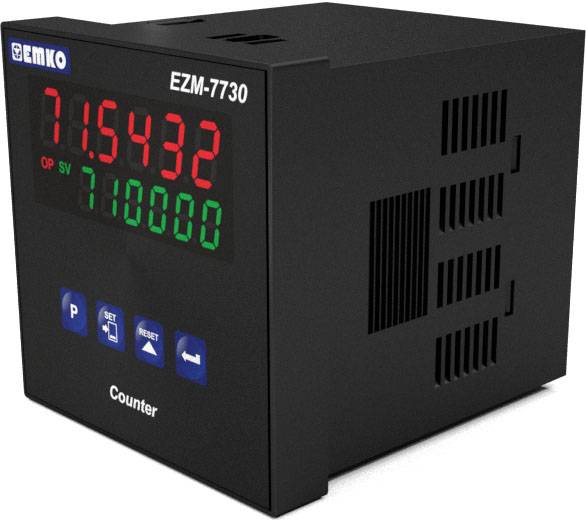 Digitaltæller EZM-7730 med LED-display: rød værdi 71,5432 som aktuel målerstand, grøn værdi 71,0000 som ønsket værdi.