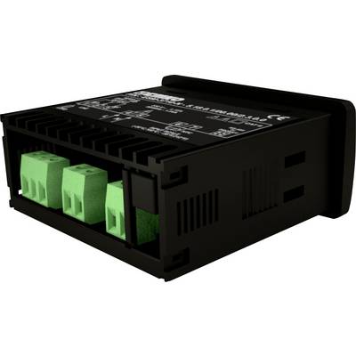 En sort elektronisk enhed med grønne stik foran, sandsynligvis en kontrolenhed eller et modul, på en hvid baggrund.