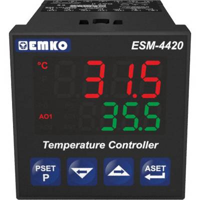 Digital temperaturregulator EMKO ESM-4420 viser 31,5°C i rødt som aktuel temperatur og 35,5°C i grønt som ønsket temperatur.