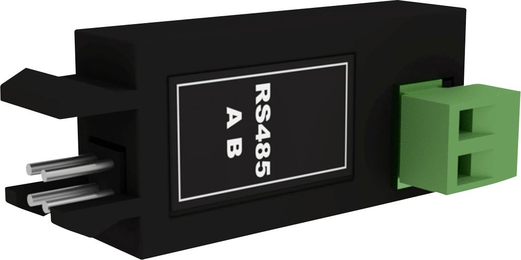 Sort RS485-adapter med grøn og sort tilslutningsklemme, mærket 'RS485 A B'. Forbinder serielle dataoverførselsenheder.