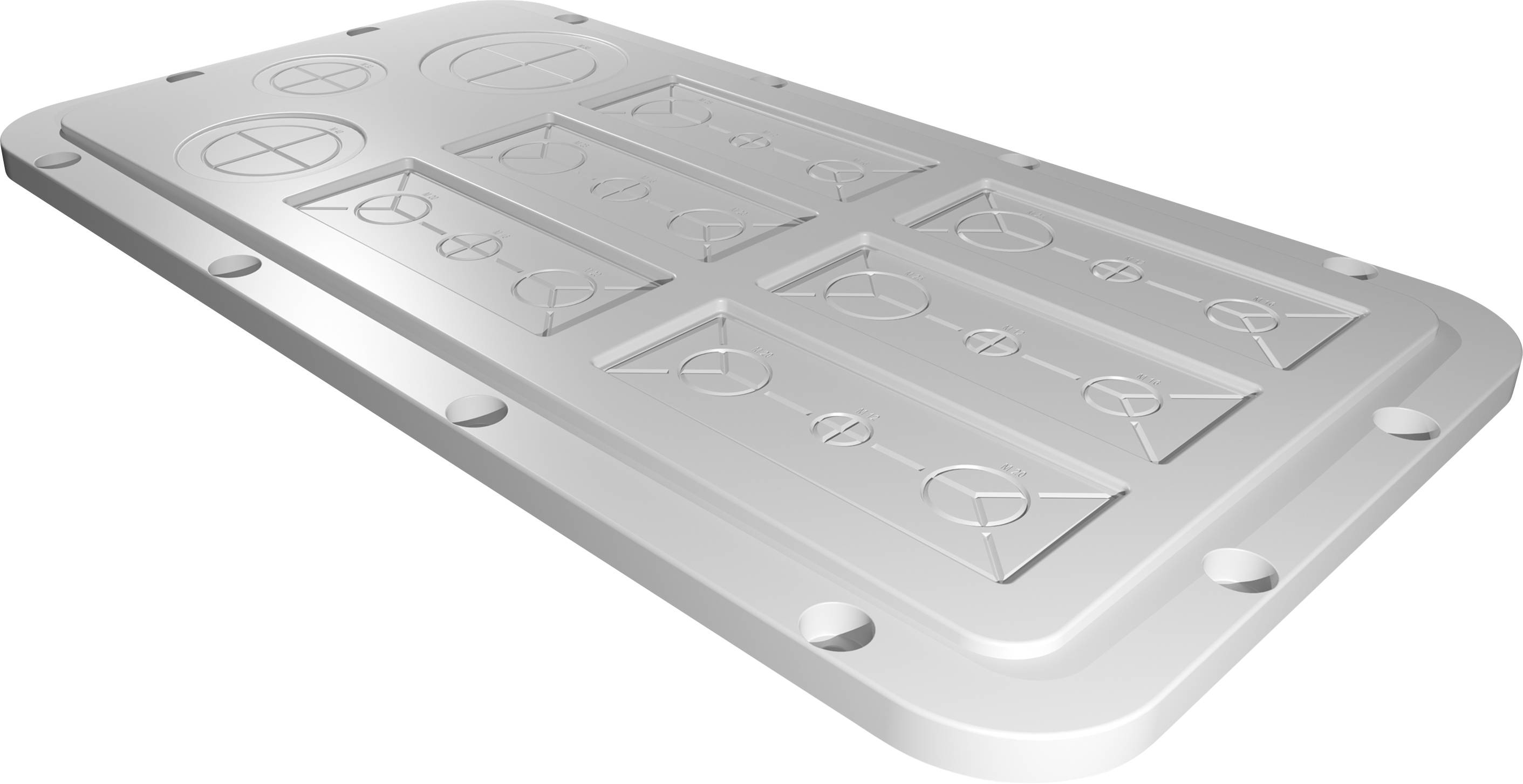 Rektangulær grå metalplade med geometriske gravurer, herunder cirkler og linjer. Pladen har afrundede hjørner og monteringshuller.