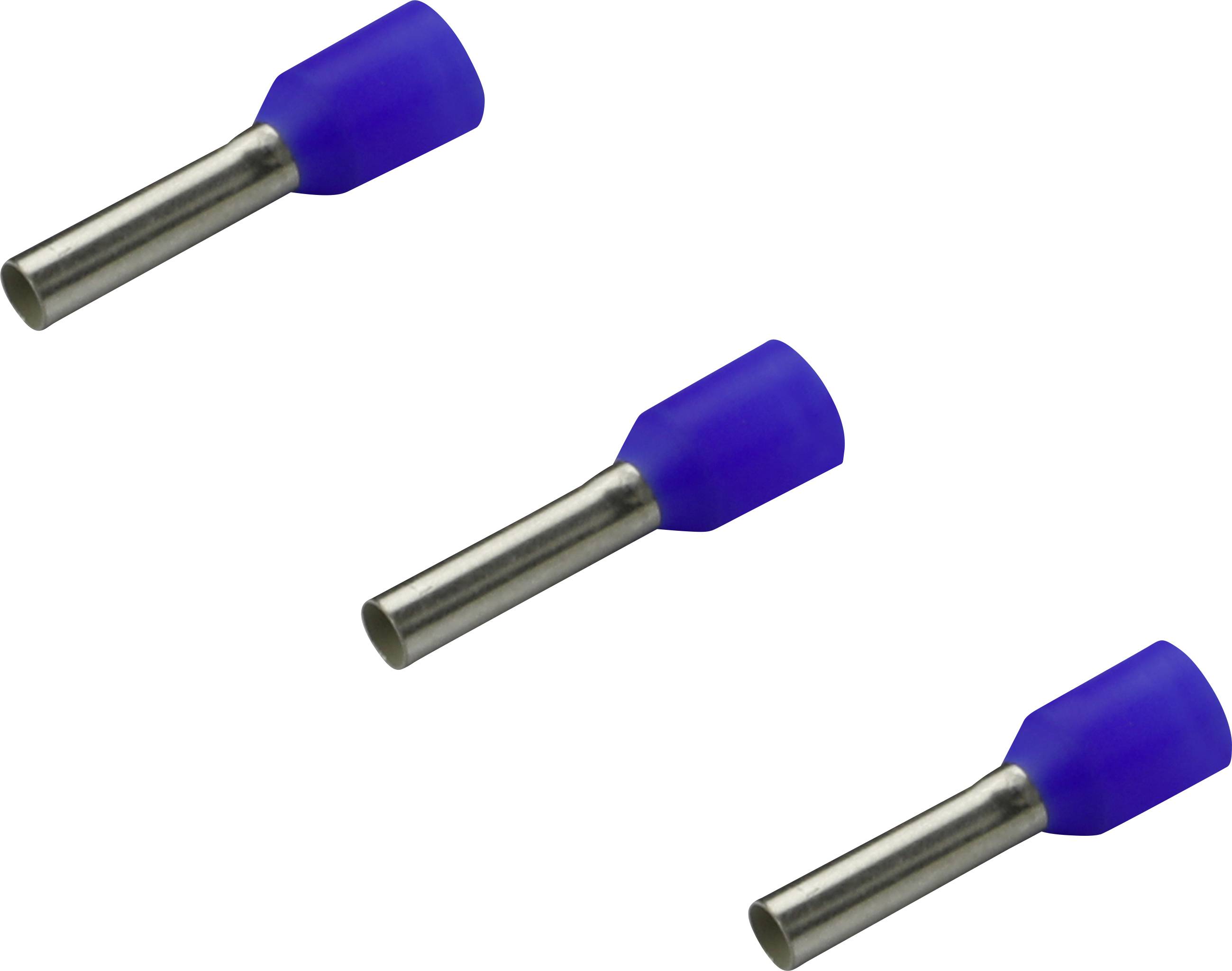 Tre blå kabelclips med metalender på hvid baggrund.