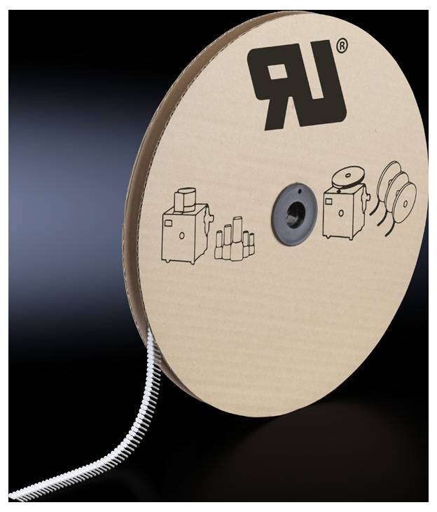 Stor papspole med metalbånd, trykt med maskintegninger og logoet 'RU'.