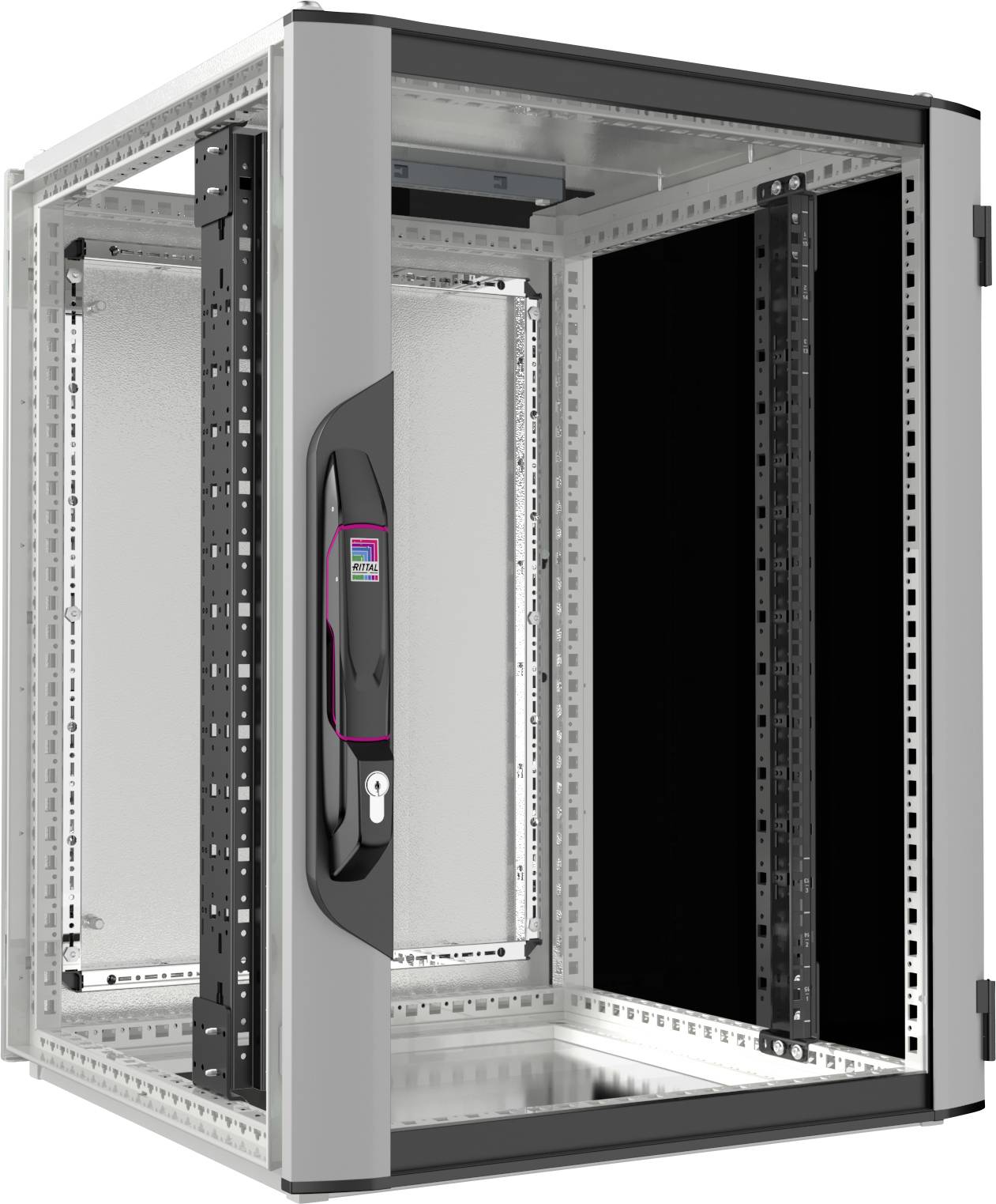 Et åbent serverrack i metal med glasdør, velegnet til installation af netværksudstyr.