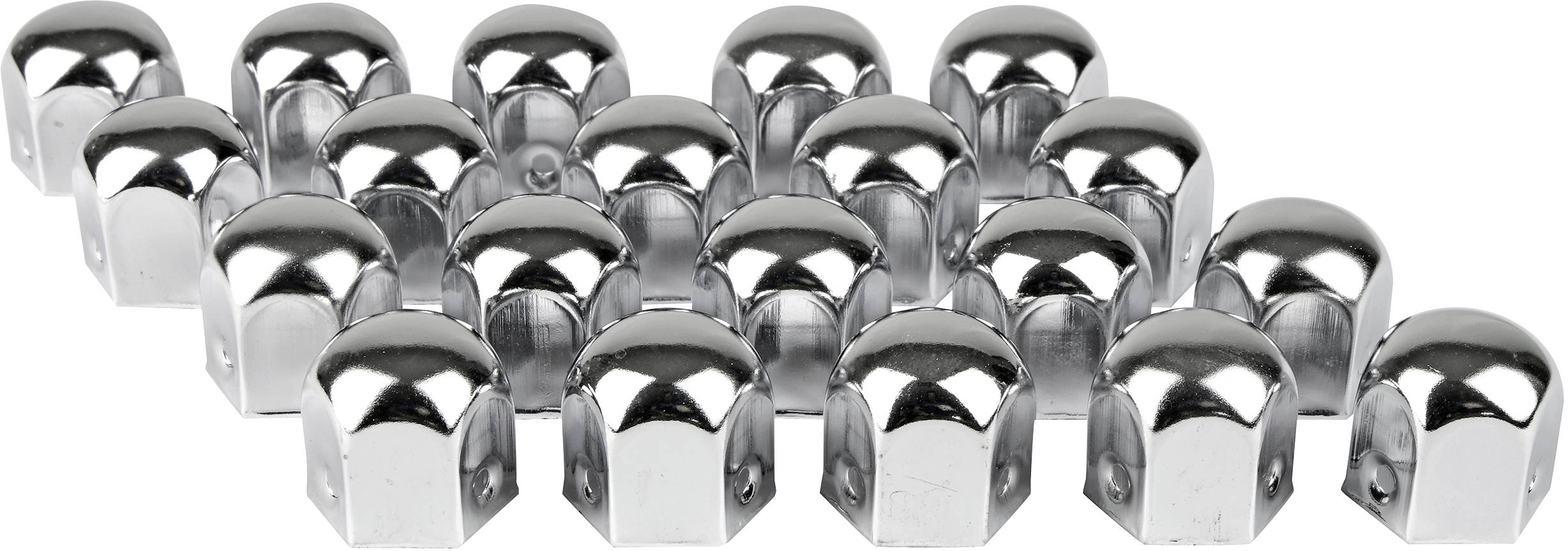 '25 sølvfarvede, skinnende hjulmøtrikdæksel i en formation.'