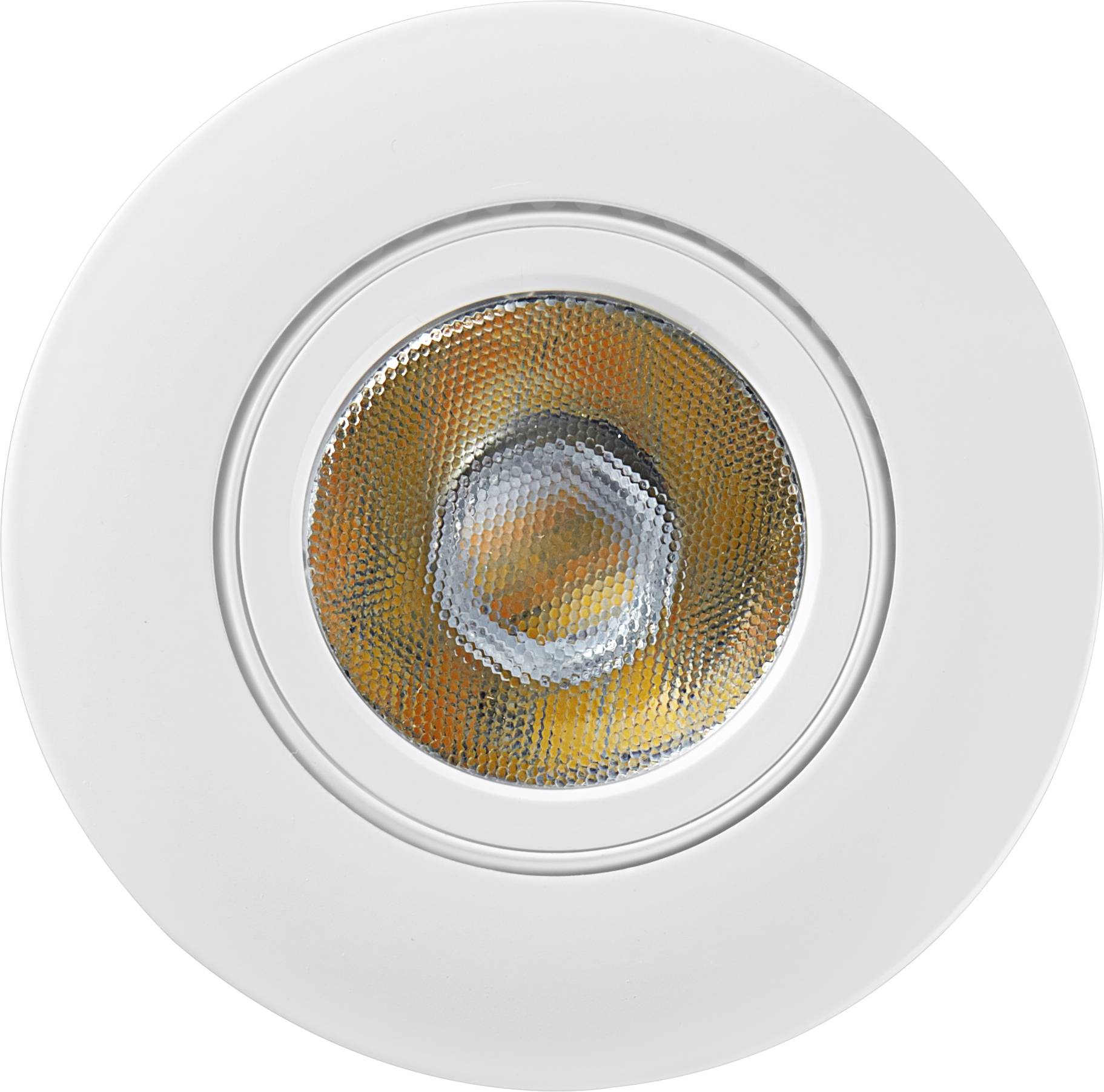 En rund, hvid LED-loftsspot med orange reflekterende indre, egnet til belysning af indendørsarealer.