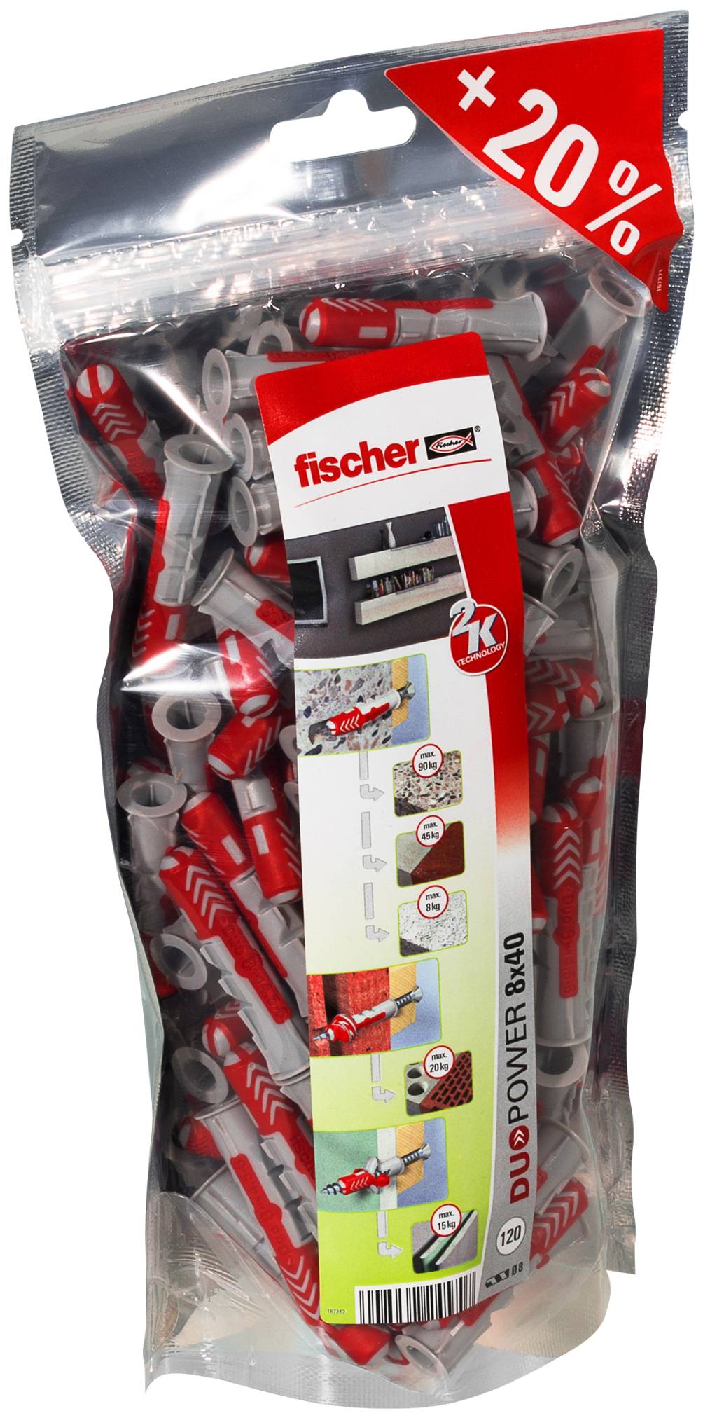 En klar plastikpose med Fischer DUOPOWER vægankre, mærket '120', med en rød '20%' promotionsticker øverst til højre.