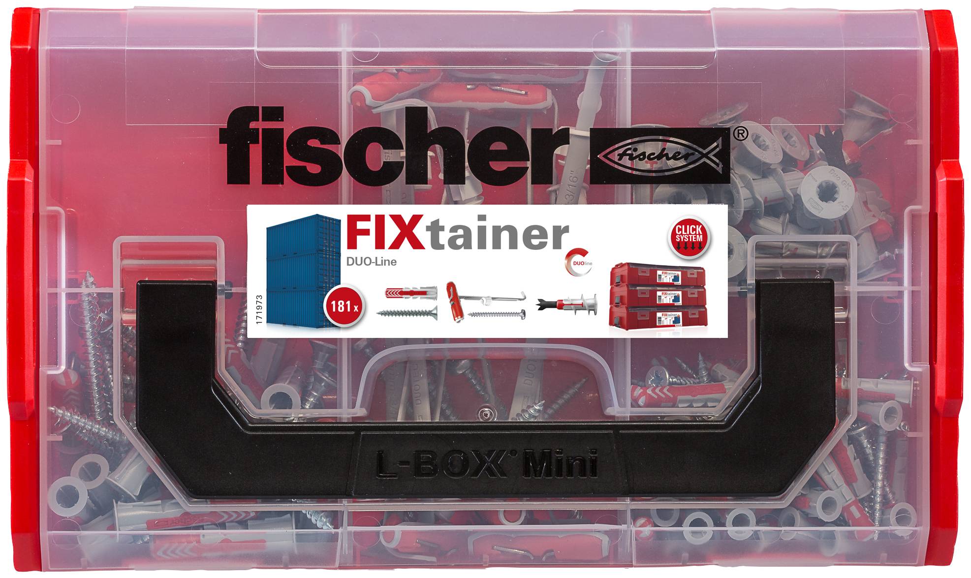 En rød FIXtainer fra Fischer, model DUO-Line, indeholder 181 dele. På etiketten er der vist tips til brug og tilbehørslister.