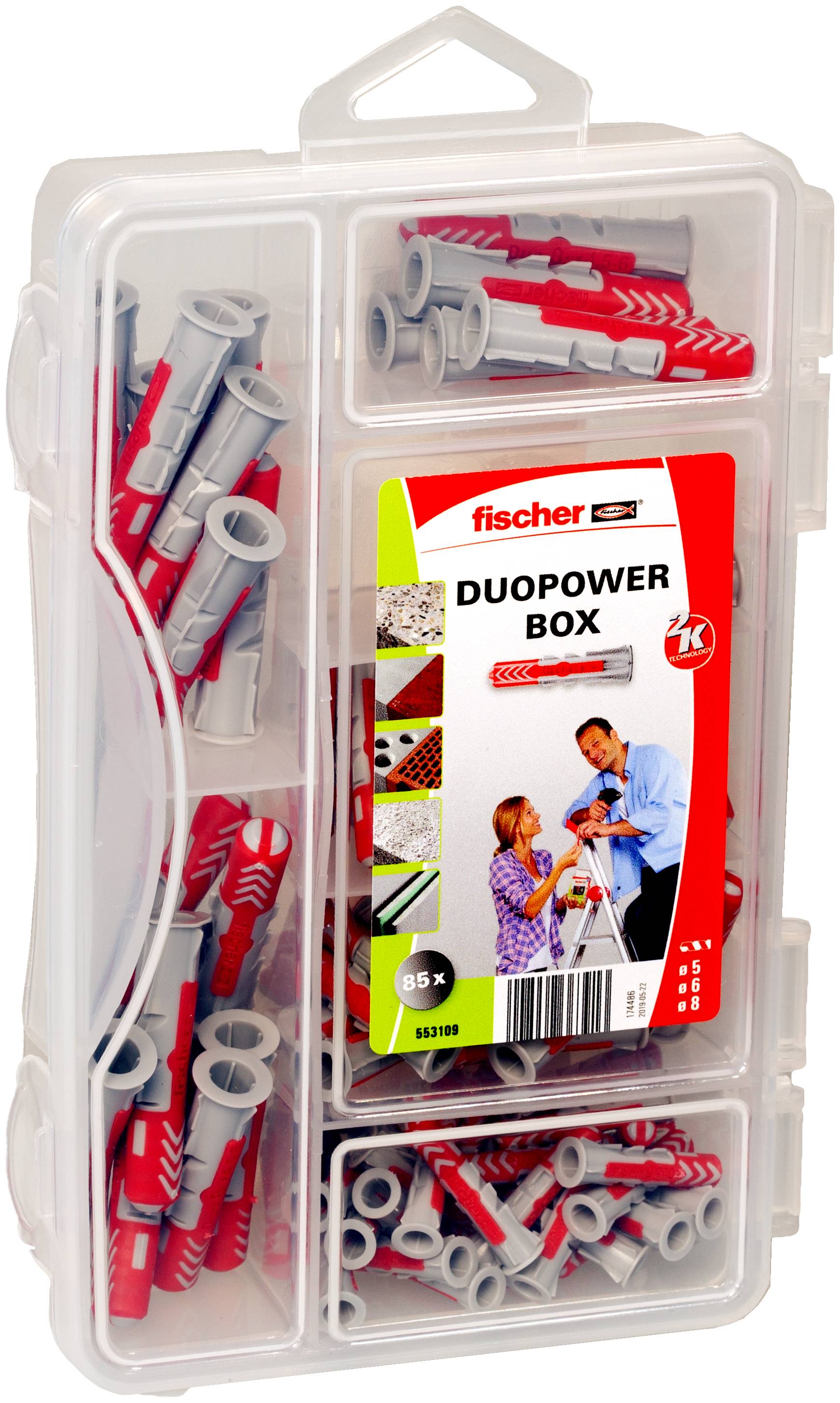 Assorterede fischer DUOPOWER væggeplugs i en klar plastikorganiserboks med rum og ophængningsøje.
