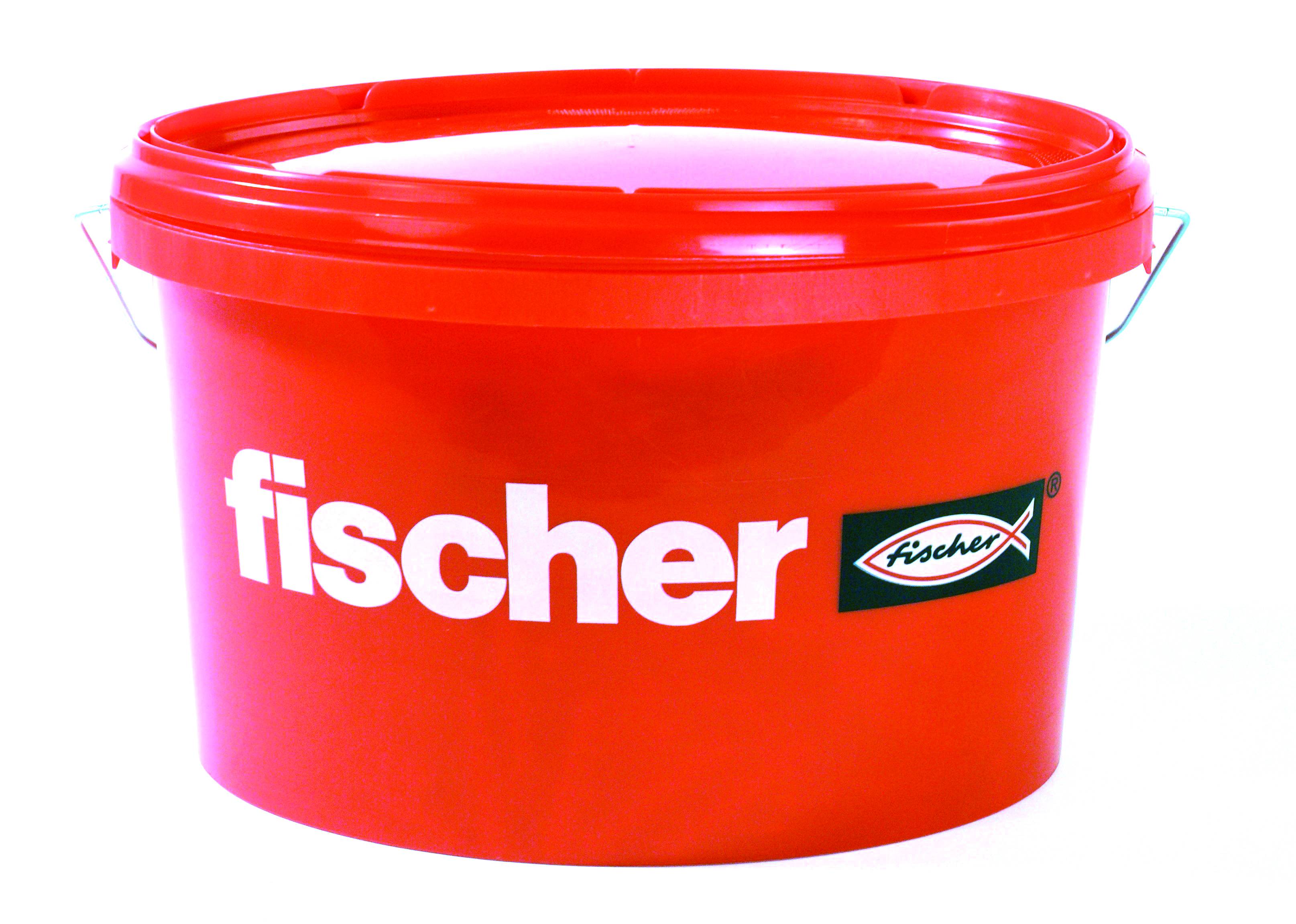 Rød plastikspand med metalhåndtag, mærket 'fischer' på fronten.