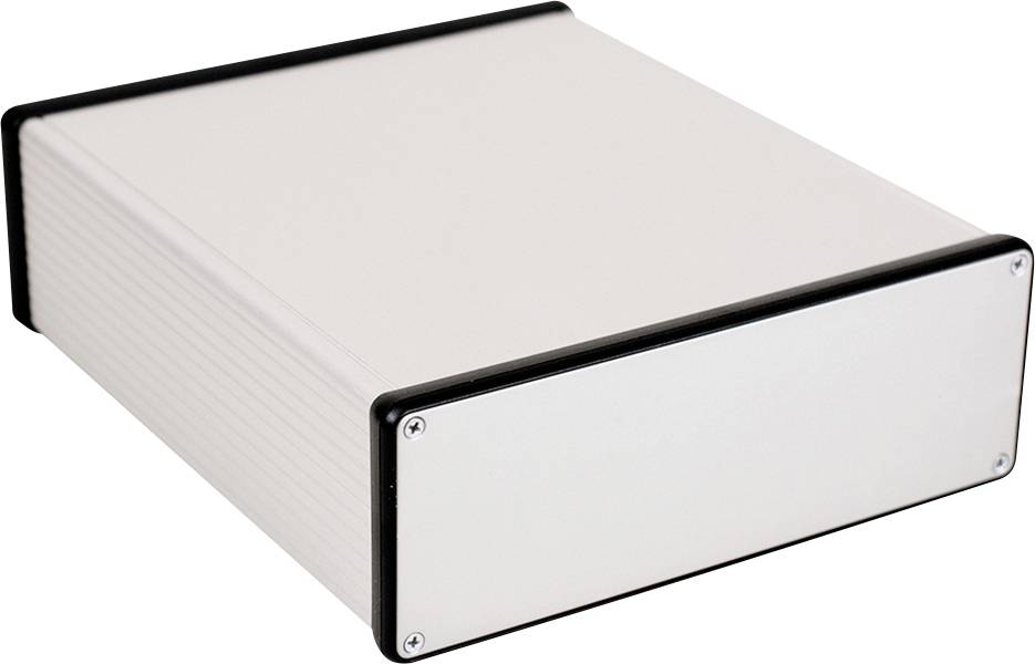 Et rektangulært, hvidt kabinet med sorte kanter, egnet til elektroniske enheder eller komponenter.