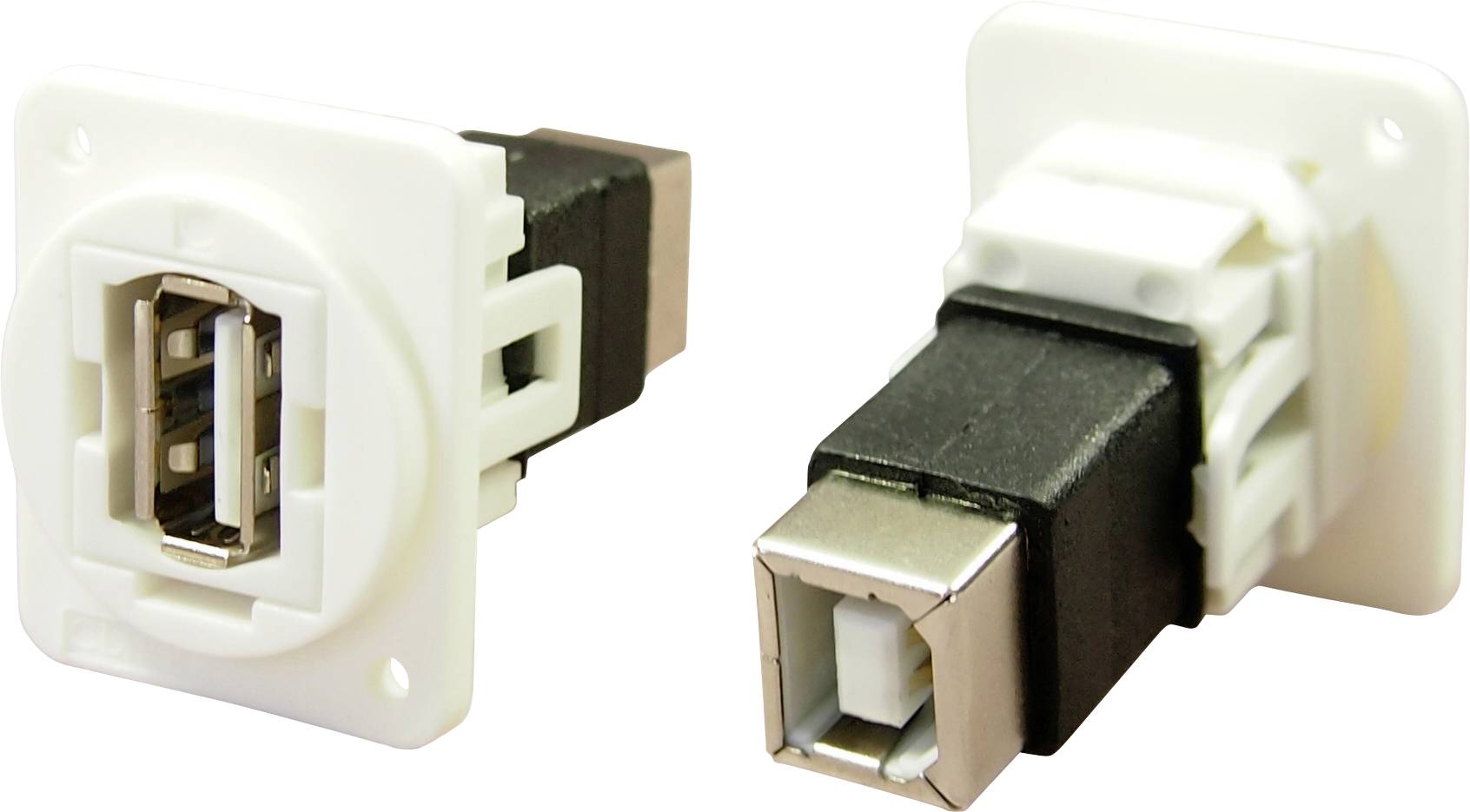 To Hvide og sorte USB-adaptere. Til venstre en USB-A-stik, til højre en USB-B-stik. Begge har firkantede monteringsplader.