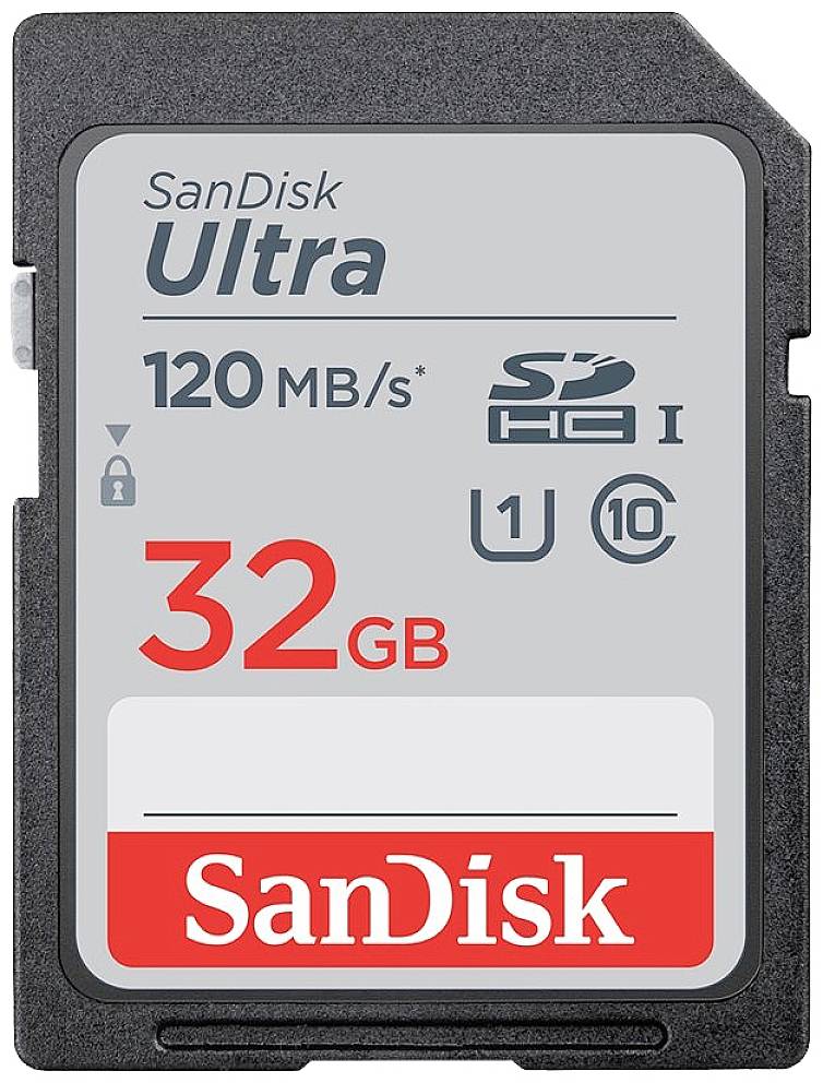 SanDisk Ultra SD-kort, 32 GB hukommelse, læsehastighed op til 120 MB/s, velegnet til Full-HD-videooptagelser.