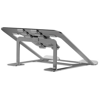 En sølvfarvet laptopstander i metal, justerbar, skråt placeret opad, egnet til at hæve og forbedre ergonomien.